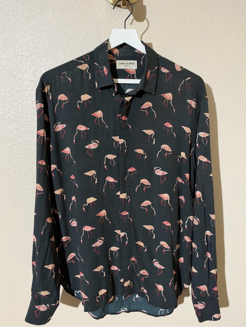 Saint Laurent Black Flamingo Motif Long-Sleeve Button-Down Shirt